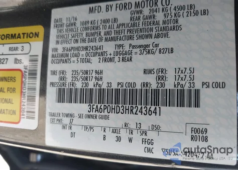 2017 Ford Fusion Se from USA, damaged, VIN 3FA6P0HD3HR243641